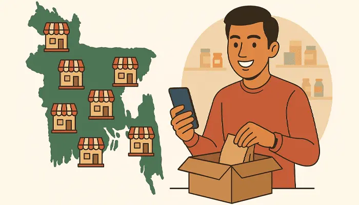 Store owner in Dhaka managing an online shop dashboard on ShopX